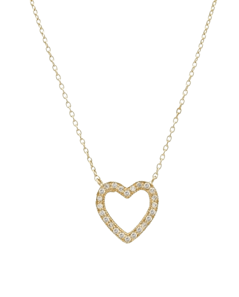 14K solid white gold dainty heart necklace with diamonds, perfect for everyday wear, elegant and simple design.