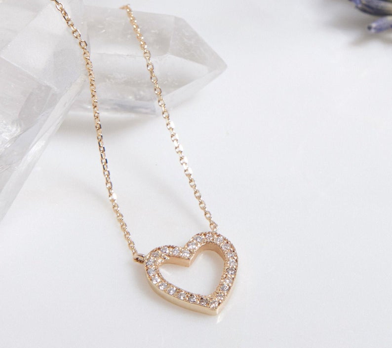 14K solid gold dainty heart necklace with sparkling diamonds, perfect for everyday wear.