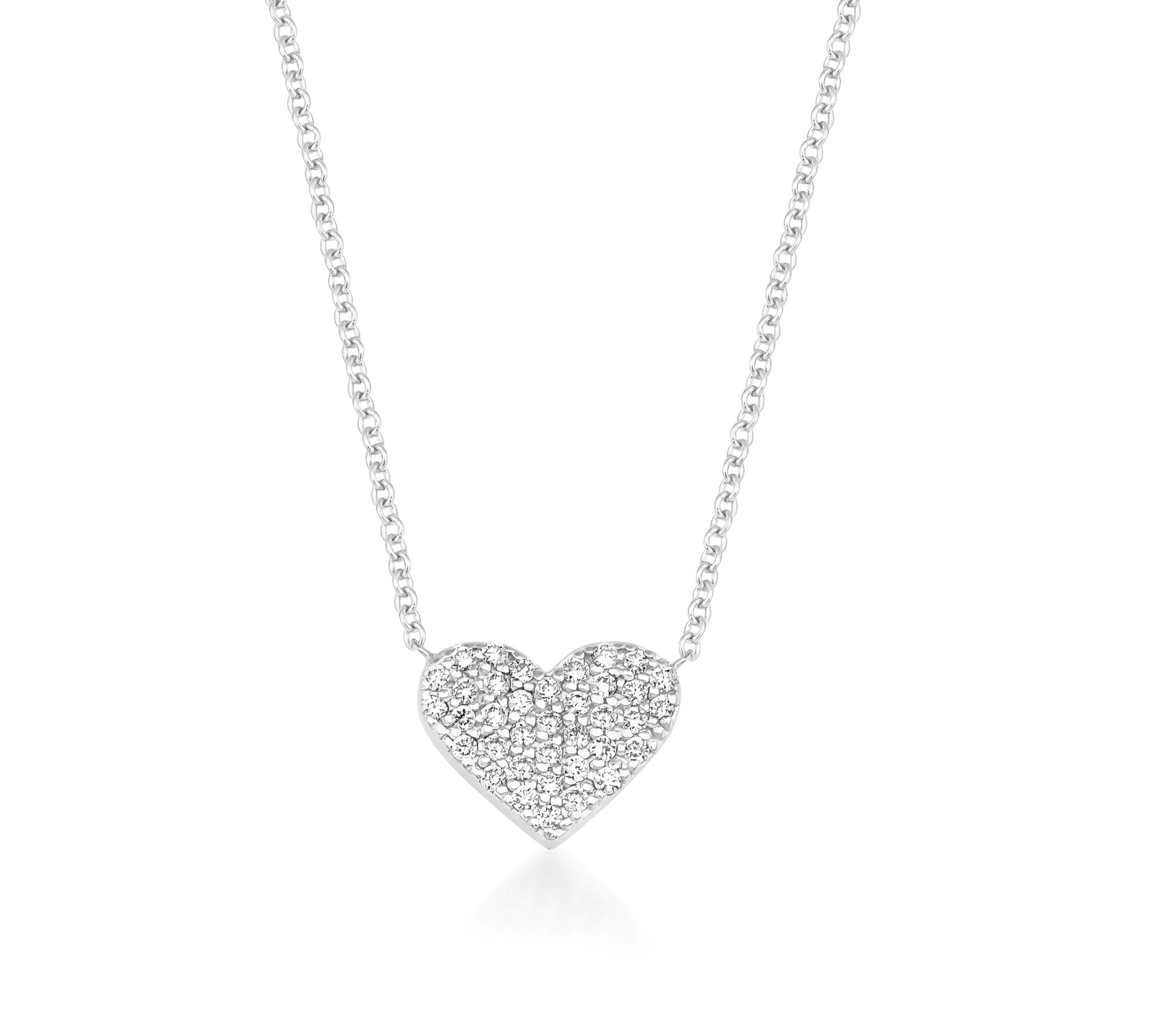 14K solid white gold heart necklace with sparkling diamonds, perfect for everyday wear, 16 inches long.