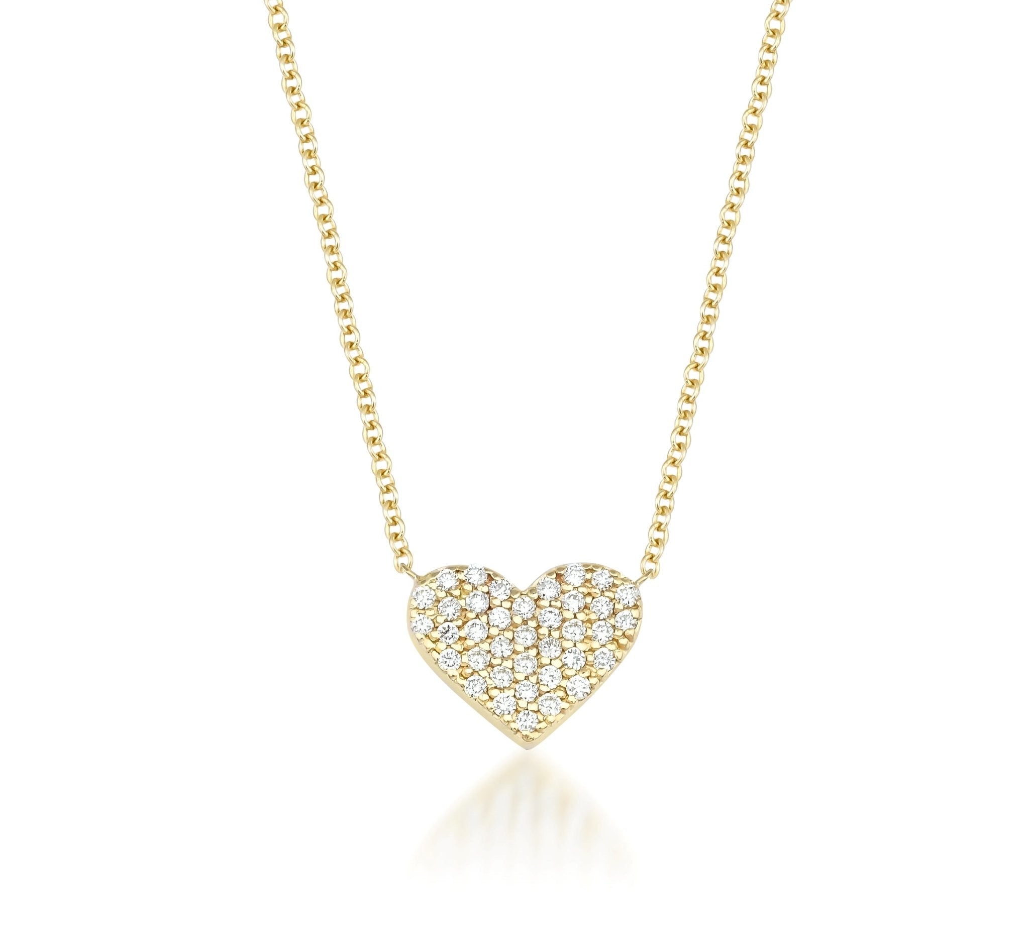14K solid yellow gold heart necklace adorned with sparkling white diamonds, perfect for everyday wear.