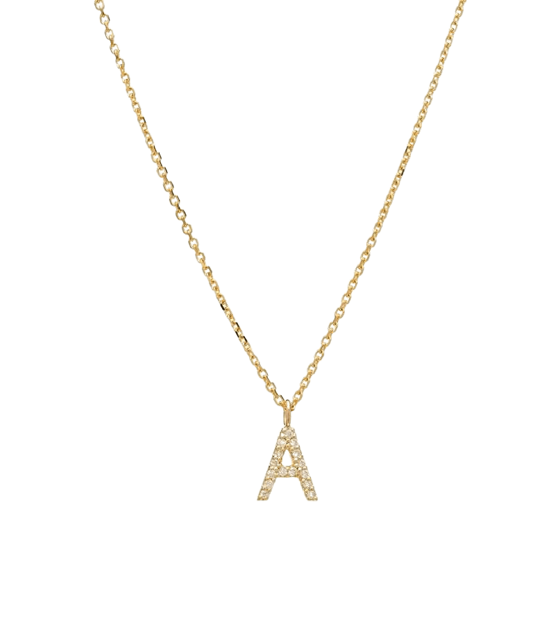 14K yellow gold diamond initial necklace featuring the letter A, 16 inches length, with sparkling diamonds.