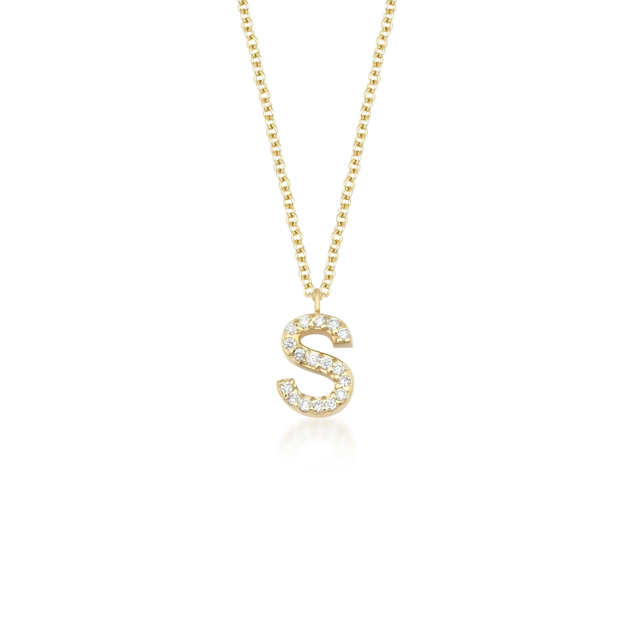 14K yellow gold initial necklace with diamond 'S' pendant, 16 inch chain, featuring sparkling white diamonds.
