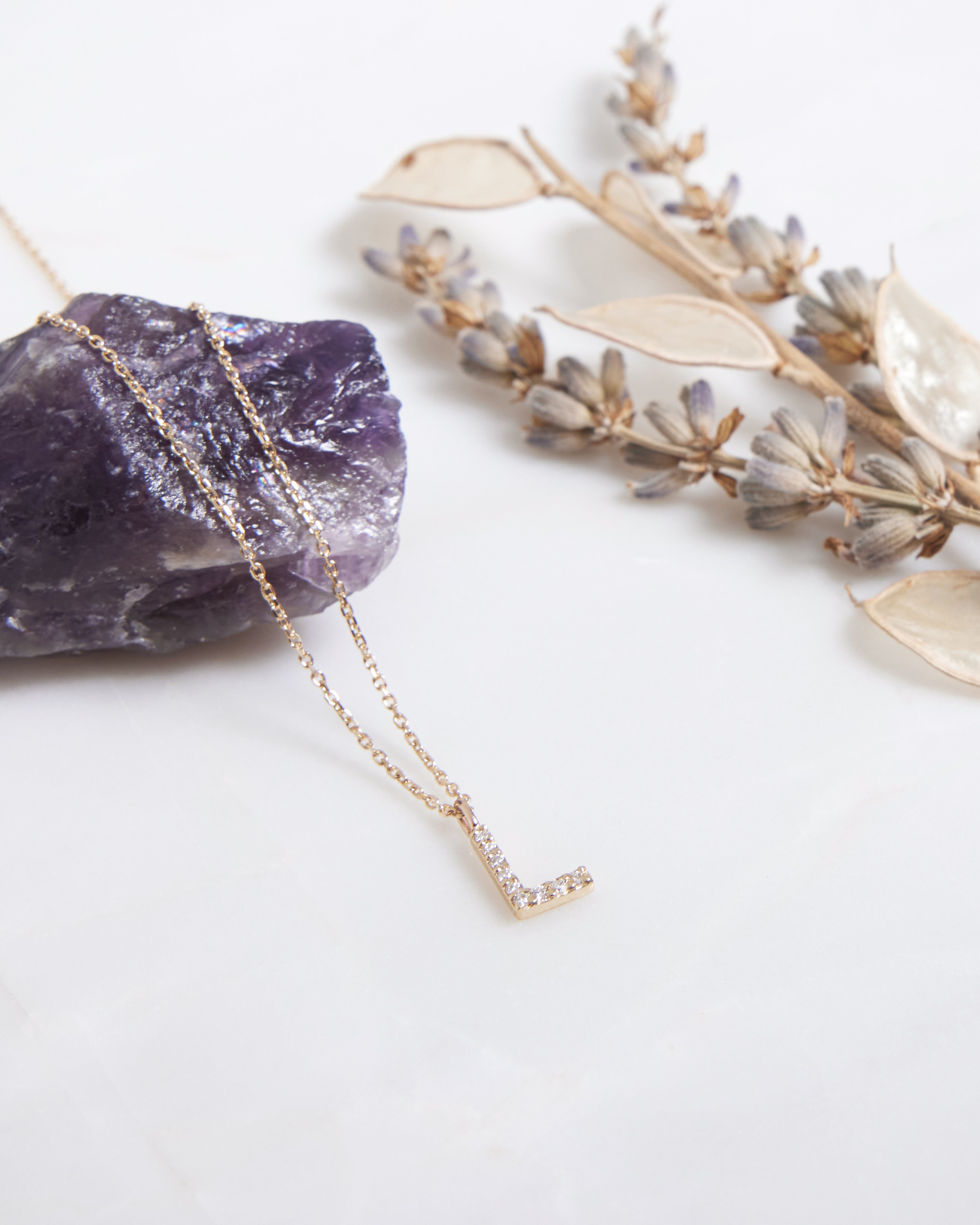 14K yellow gold diamond initial necklace featuring letter L on a stone background with dried flowers.