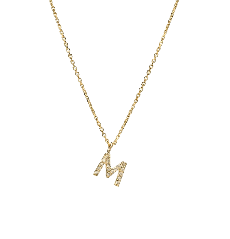 14K solid yellow gold diamond initial necklace featuring a stylish 'M' pendant.