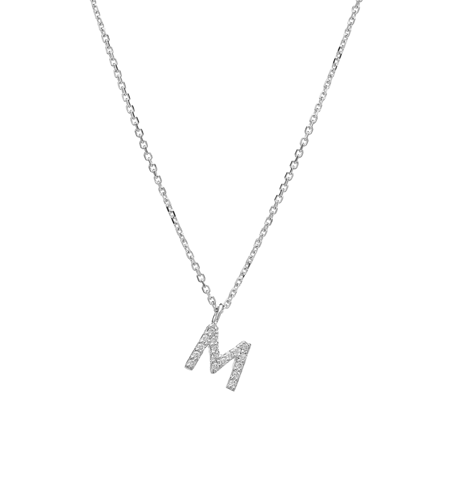 14K solid yellow gold diamond initial necklace featuring an elegant 'M' design, perfect for personalized gifting.