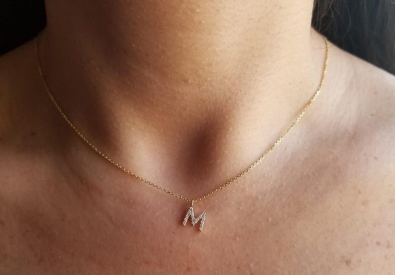 14K solid yellow gold diamond initial necklace featuring letter 'M', perfect for personalized gifting and everyday wear.
