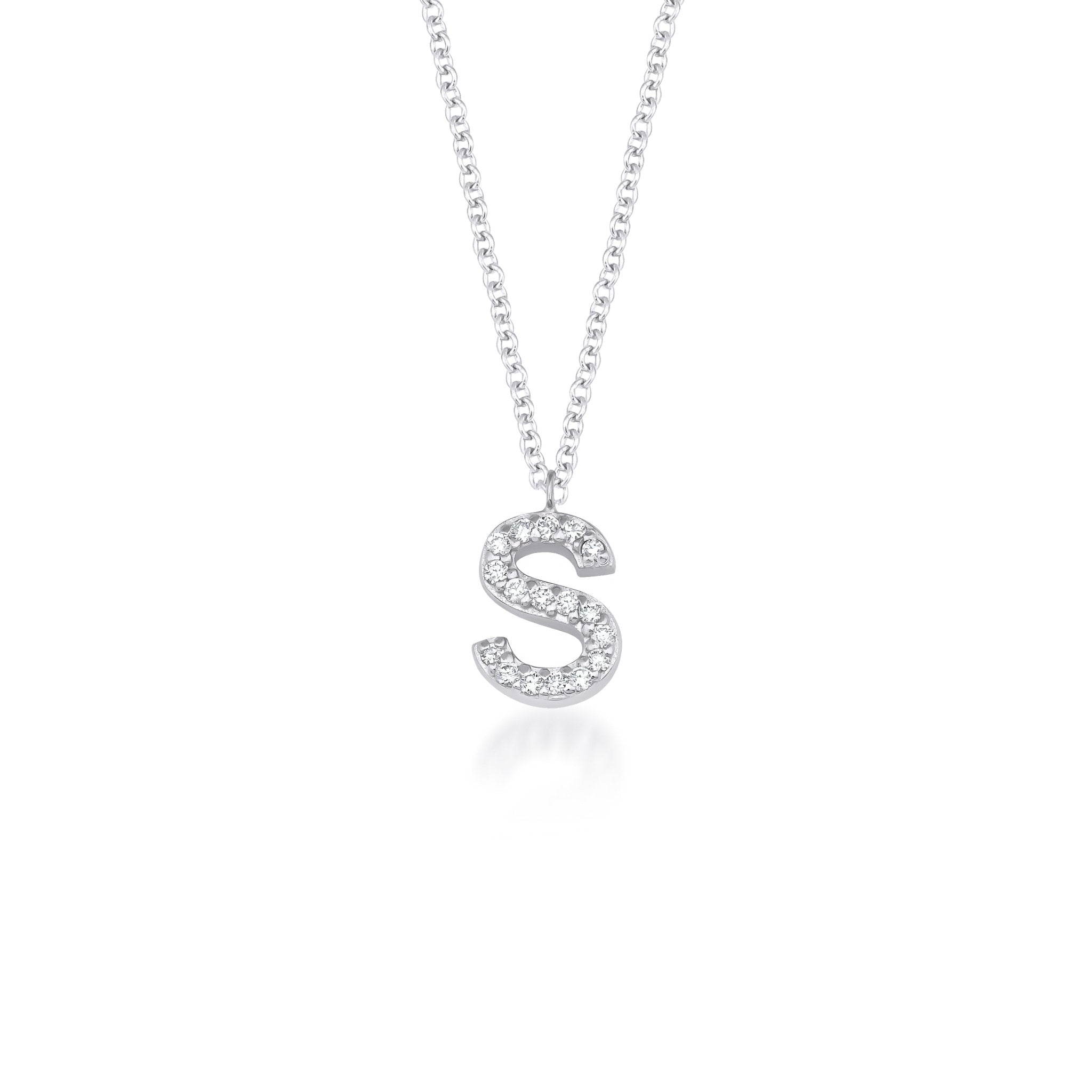 14K white gold diamond initial necklace featuring the letter S, 16-inch chain, sparkling G color diamonds.