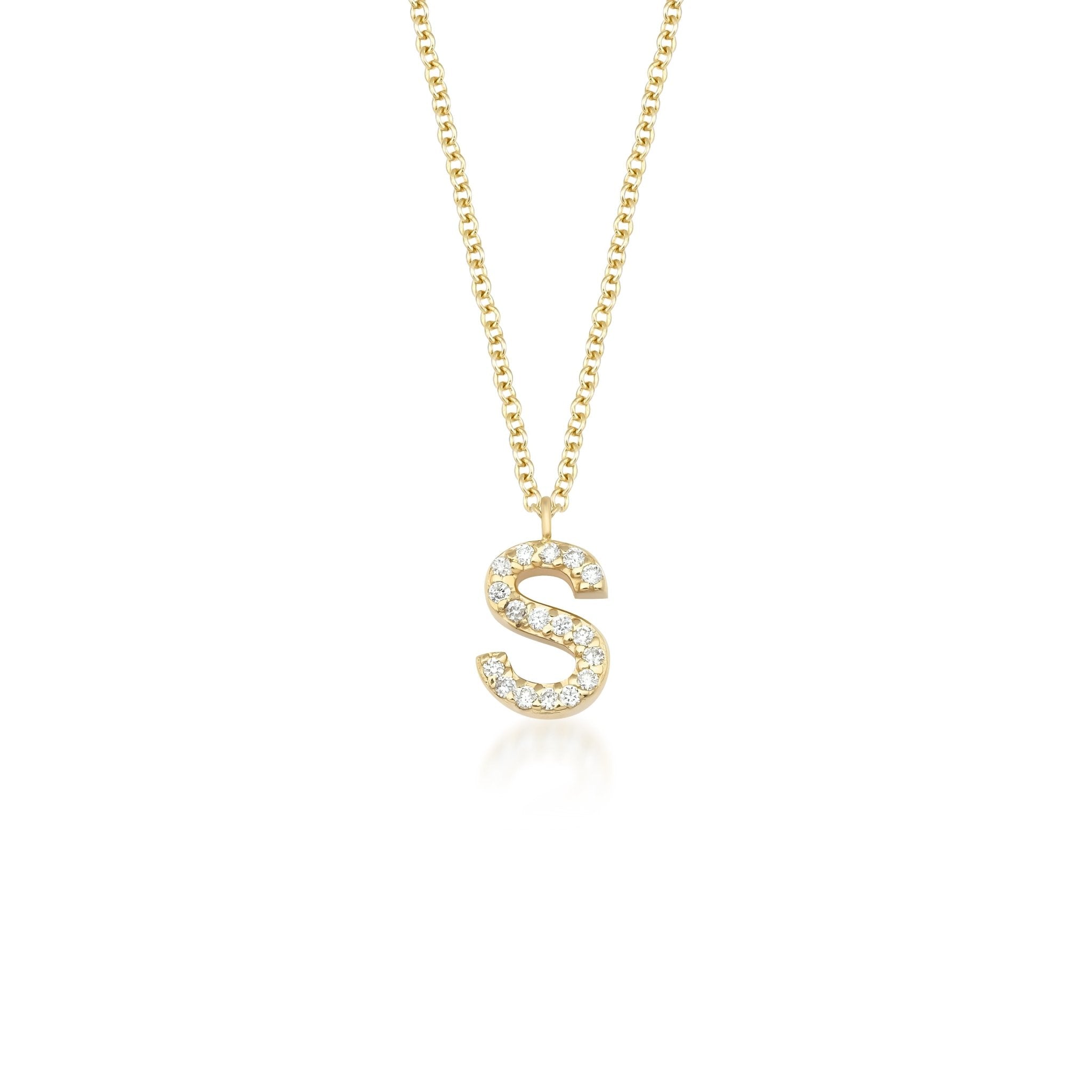 14K white gold initial necklace with diamond letter S pendant, elegant and dainty design.