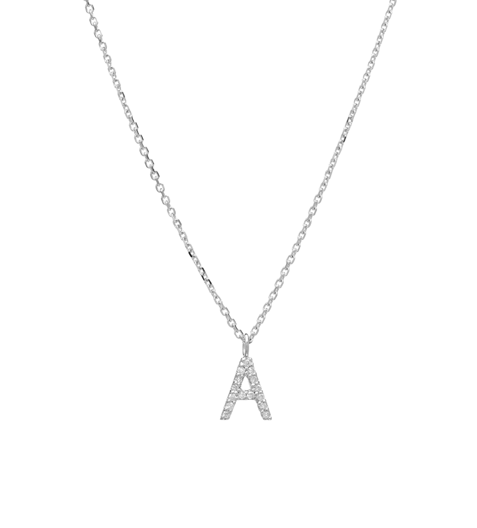 14K white gold dainty initial necklace with diamond letter A, 16 inches, 12mm height, 6.5mm width.