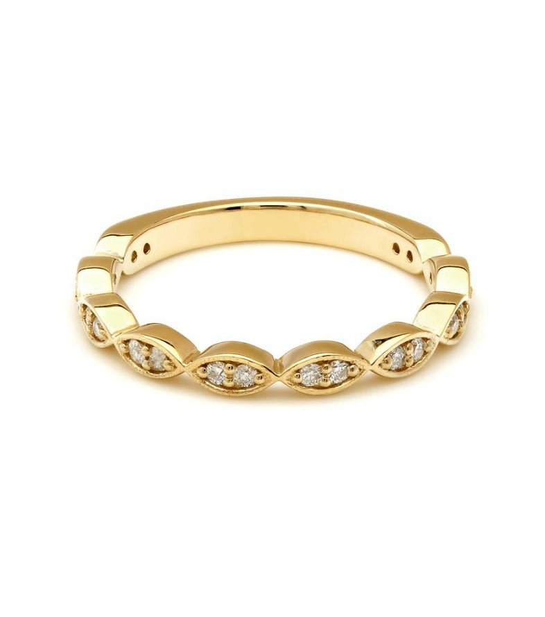 14K yellow gold half eternity diamond wedding band featuring 20 round diamonds, shiny finish, size 4-8, elegant design.
