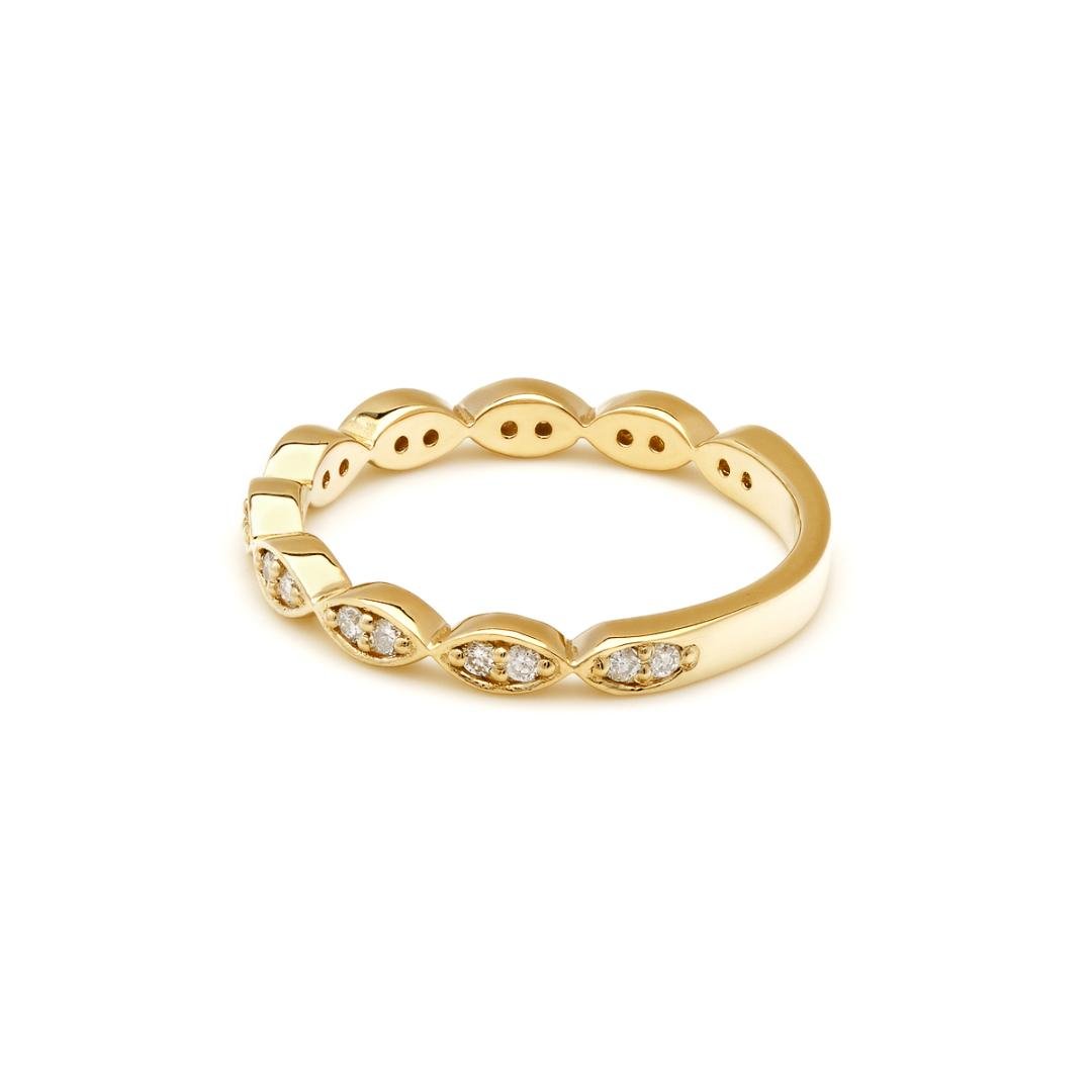 14K yellow gold half eternity diamond wedding band featuring 20 round diamonds with a shiny finish, size 4-8.