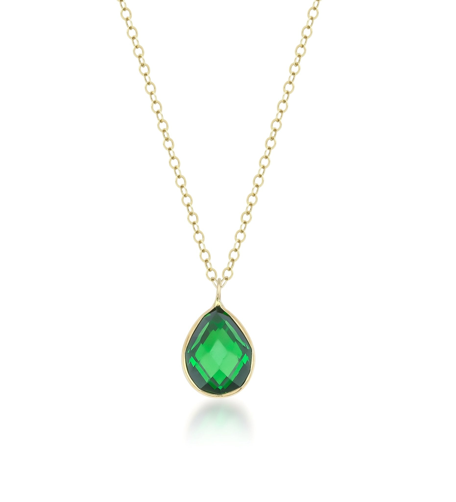 14K yellow gold necklace featuring a pear shape lab-created emerald, 17 inches long, minimalist design for everyday wear.