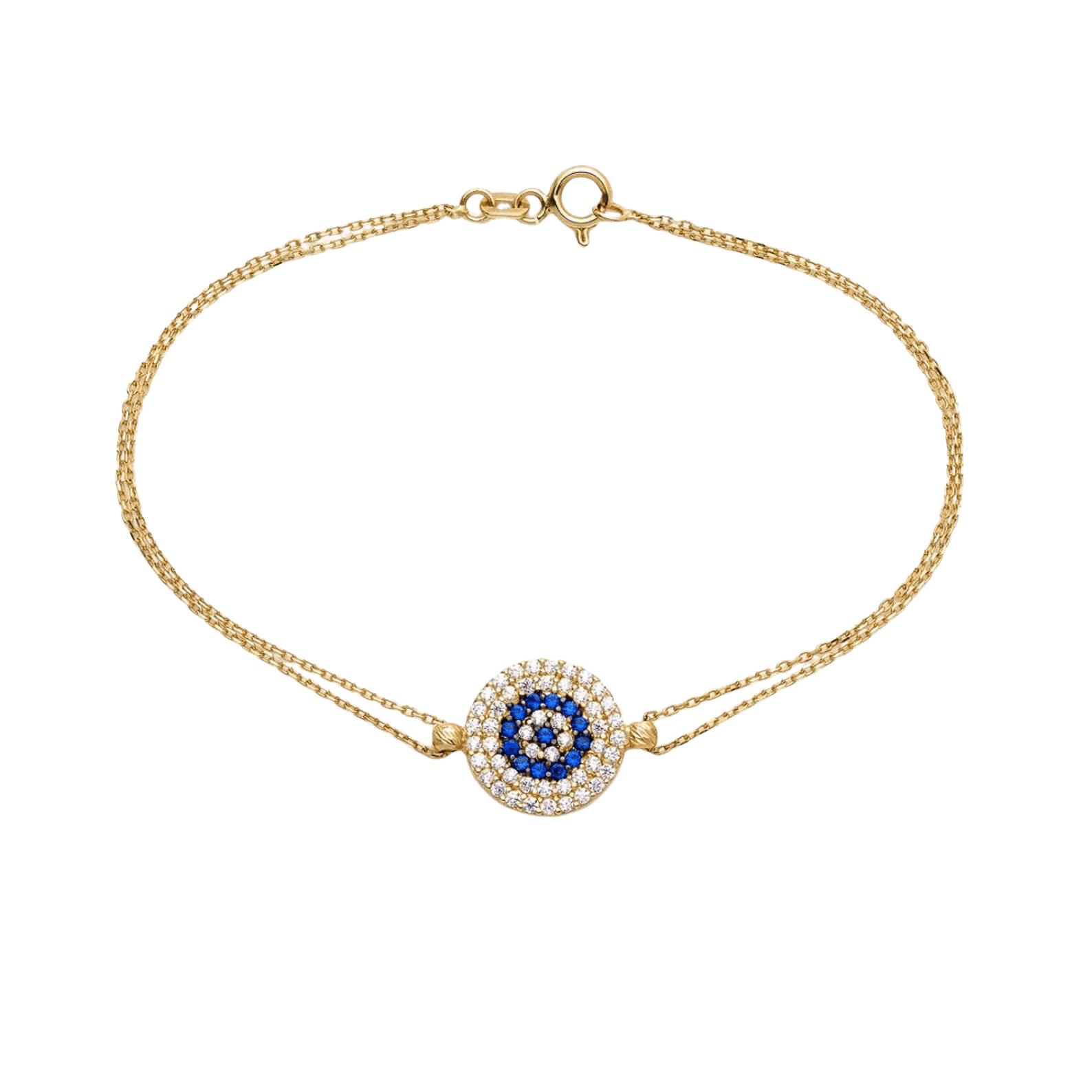 Dainty 14K solid yellow gold bracelet featuring an evil eye design with blue and white CZ stones, perfect for everyday wear.