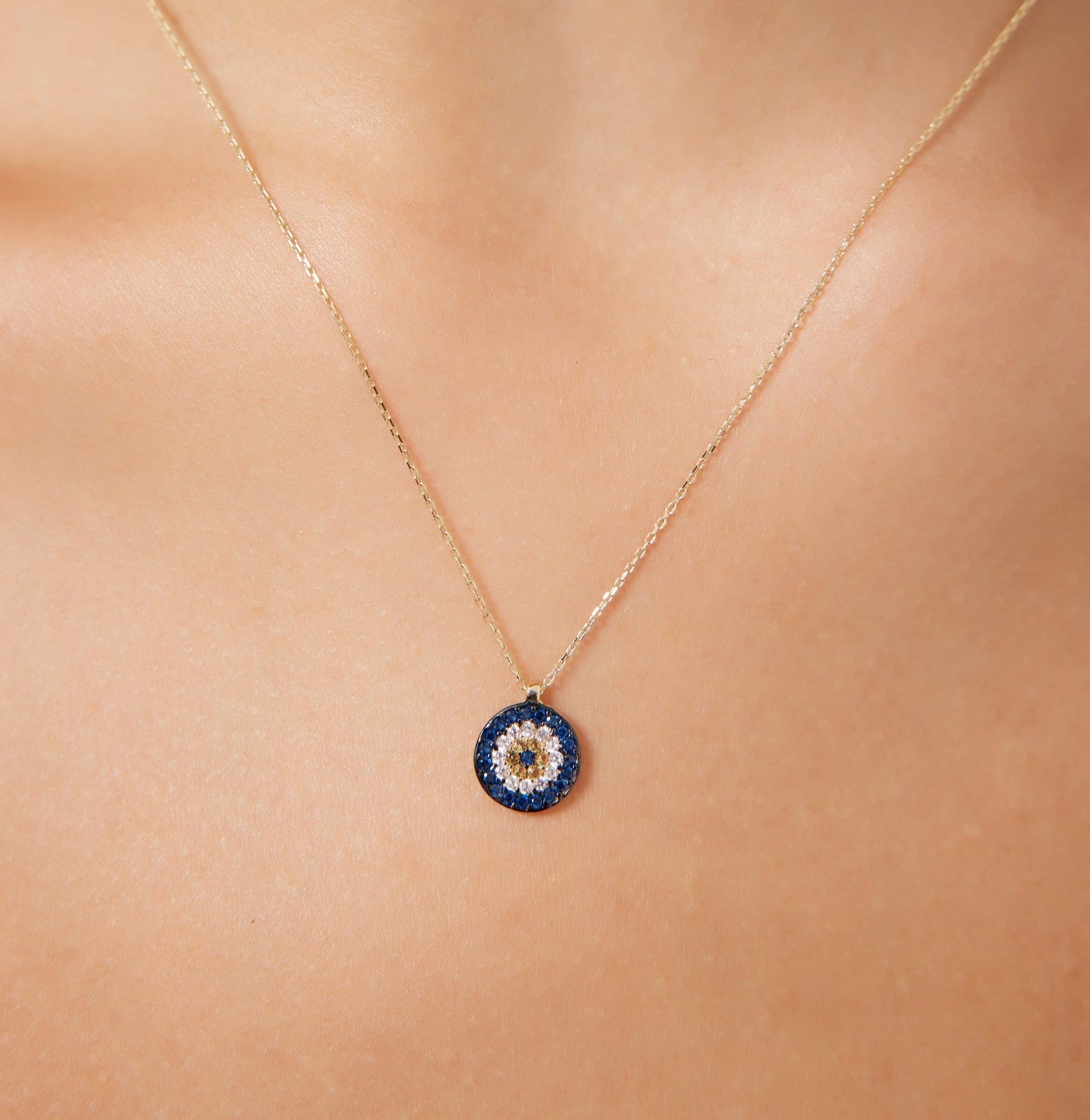 14K solid yellow gold minimalist evil eye necklace with CZ, 17 inches, dainty and classy for everyday wear.
