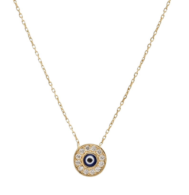 14K solid yellow gold round evil eye necklace with CZ, minimalist design, perfect for everyday wear, 16.5 inches.