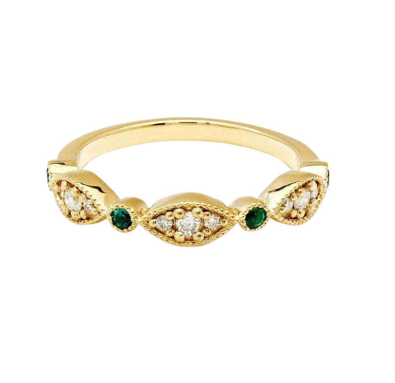 14K yellow gold ring with emerald and diamond accents, featuring nine round diamonds and four lab-created emeralds.