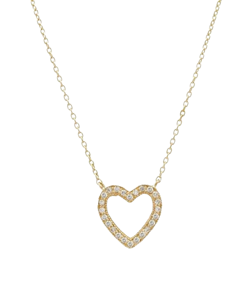 14K solid yellow gold diamond heart necklace with sparkling white diamonds, perfect for everyday wear.