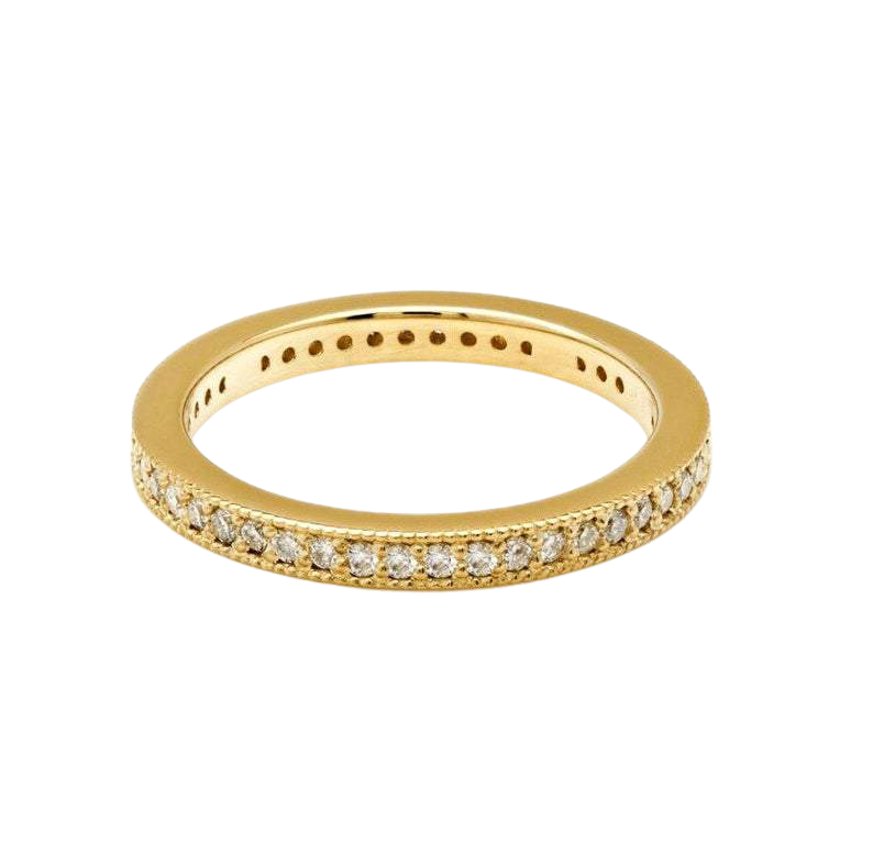 14K yellow gold full eternity diamond wedding band featuring 46 round diamonds, shiny finish, 2.3mm width.