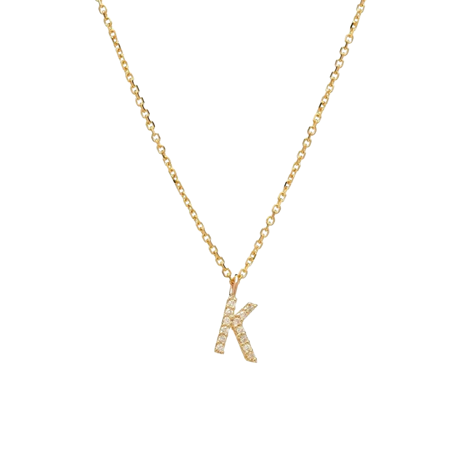 14K yellow gold diamond initial necklace featuring letter K, dainty and elegant design.