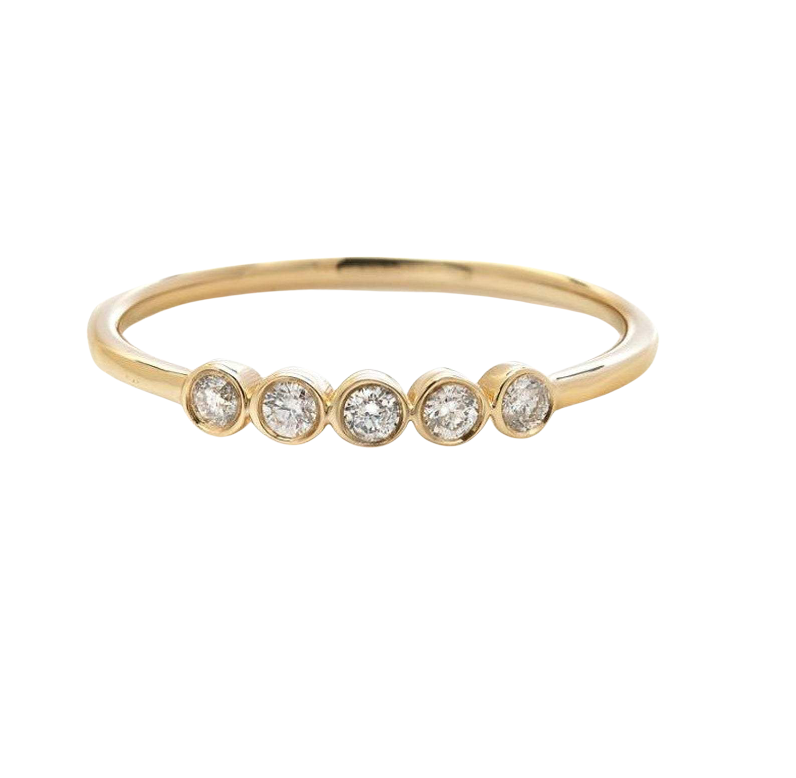 14K yellow gold minimalist wedding ring with five bezel set diamonds, sparkling and elegant for everyday wear.