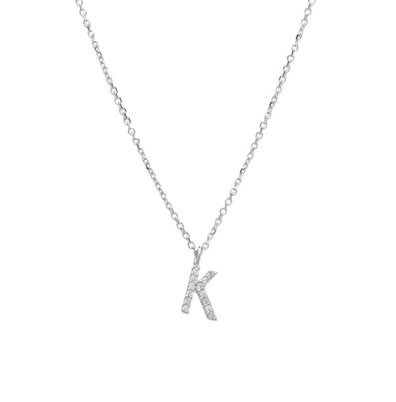 14K yellow gold diamond initial necklace featuring letter K, adorned with 12 white sparkling diamonds, perfect for personalized gifting.