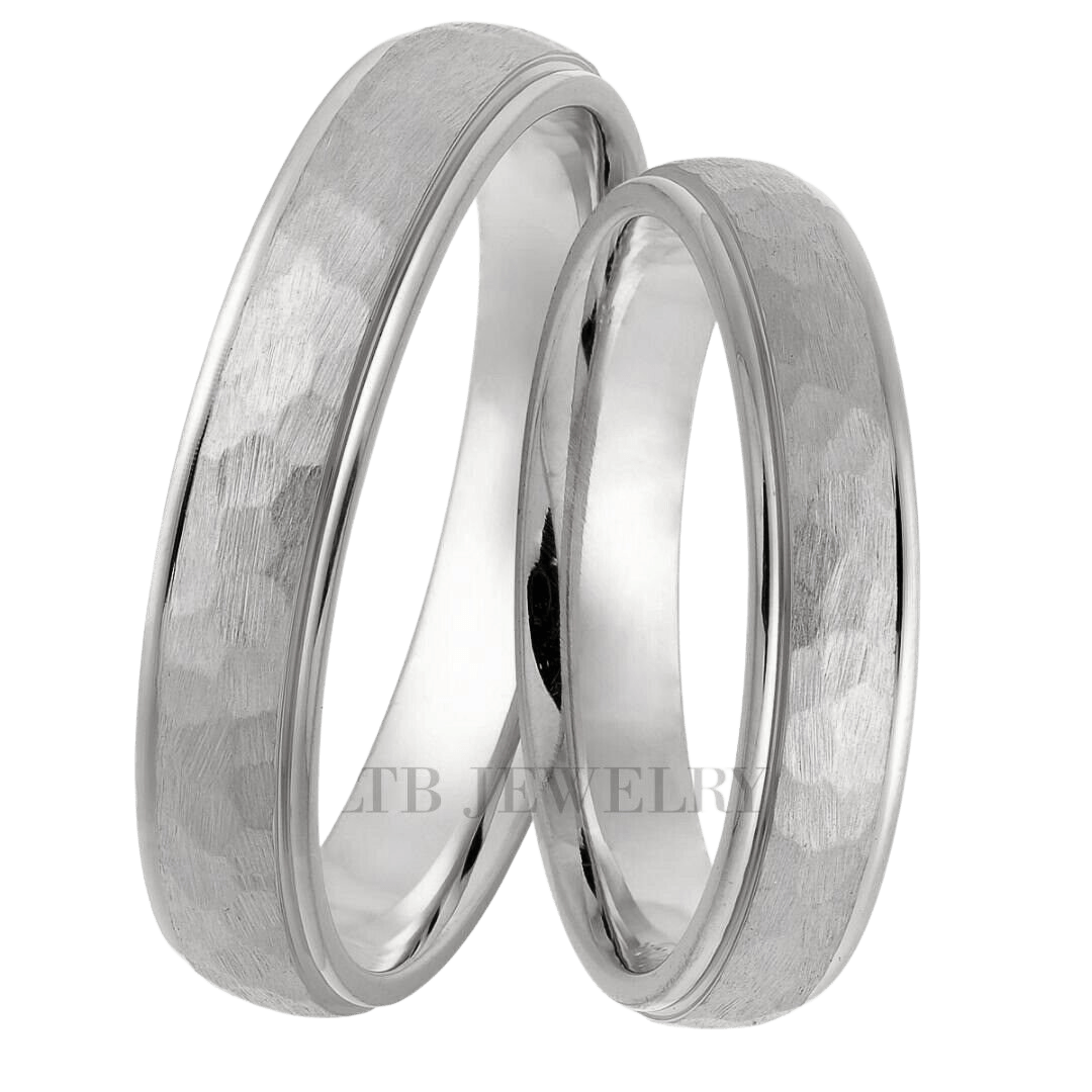 Platinum hammered finish his and hers wedding bands, comfort fitted, classic style, 4mm width, shiny edges.