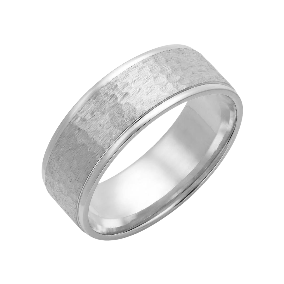 Platinum hammered finish men's wedding band, 7mm wide, comfort fitted with shiny edges, crafted in New York, available in various styles.