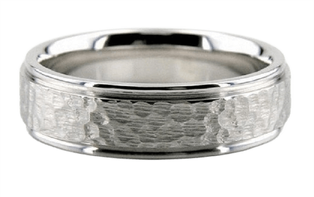 6mm white gold hammered finish mens wedding band with shiny edges, comfort fit design, made in USA.