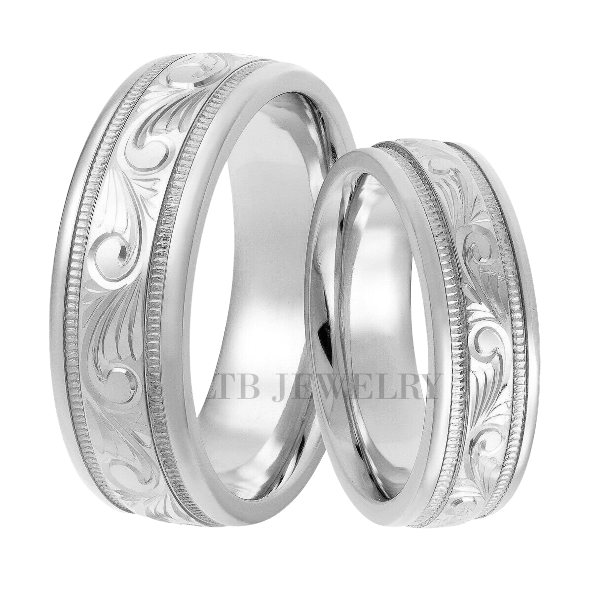 Hand engraved platinum his and hers wedding bands with shiny finish, comfort fit, available in multiple designs and widths.
