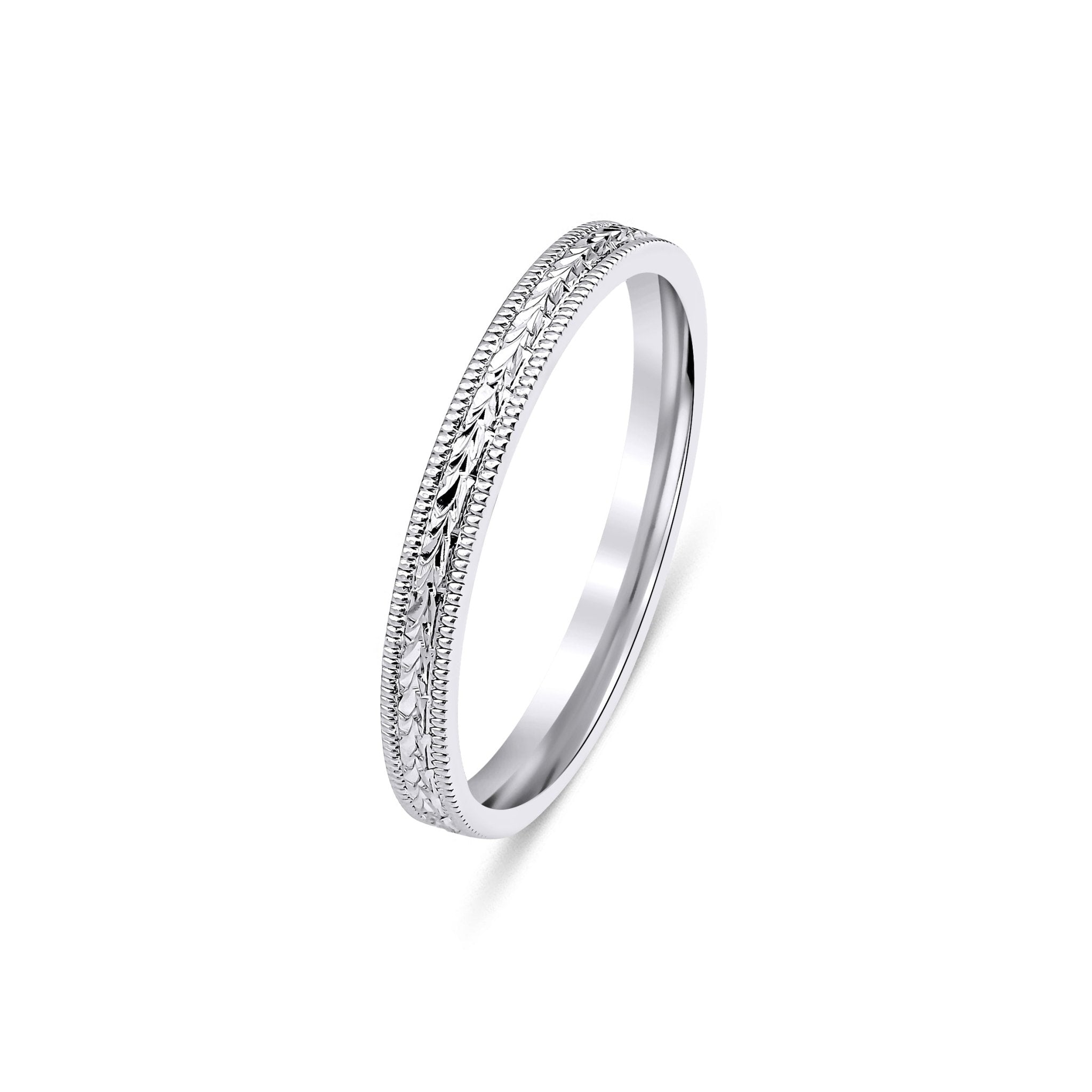 Hand engraved 10K 14K 18K solid white gold wedding band with milgrain detail, comfort-fitted and shiny finish.