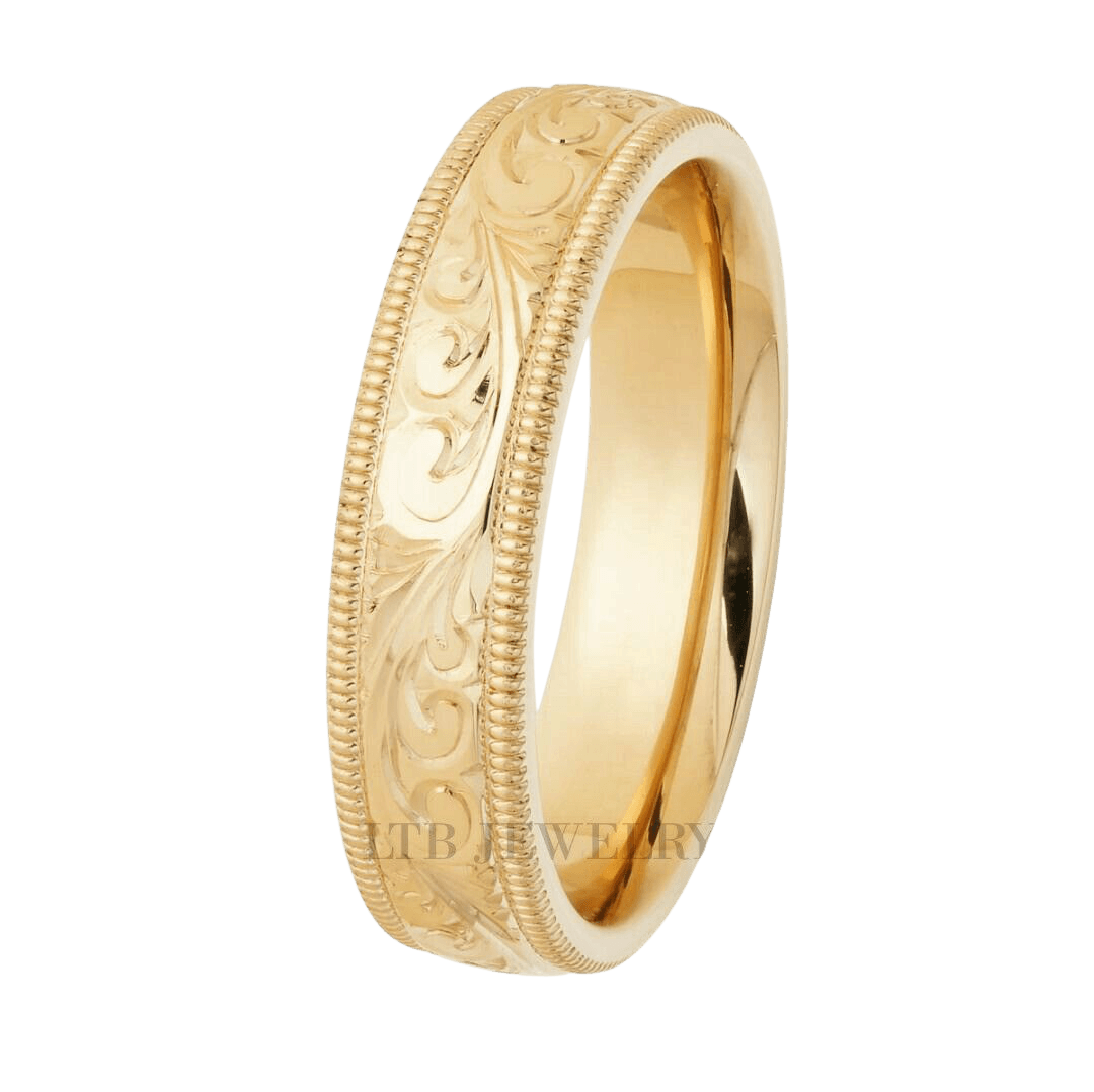 Hand engraved mens wedding band in solid yellow gold with leaf motifs and shiny finish, 5mm comfort fit.