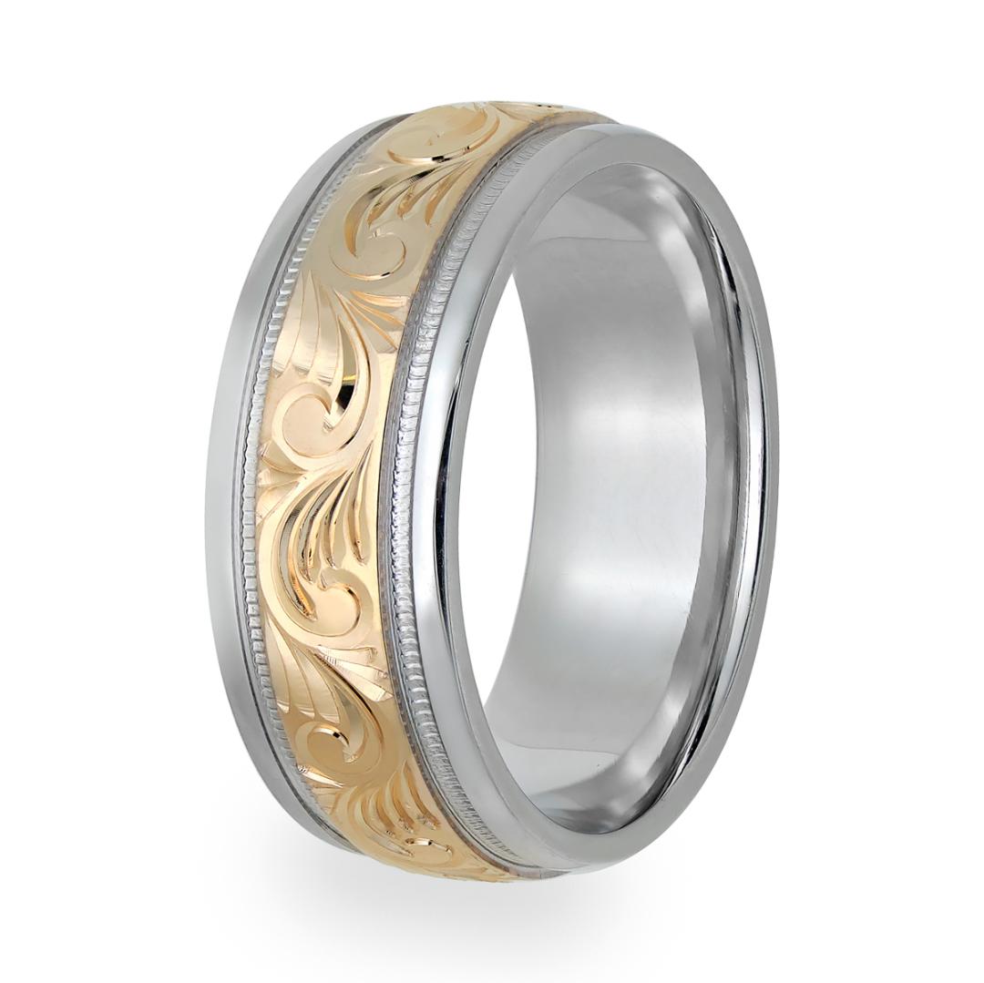 Hand engraved mens wedding ring in two-tone gold with floral designs, 7mm comfort fit, made in New York, USA.