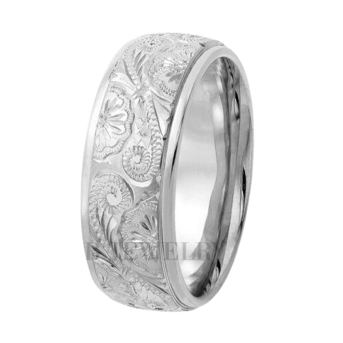 Platinum hand engraved 8mm wide men's wedding band with shiny finish and leaf motif, crafted in New York, USA.
