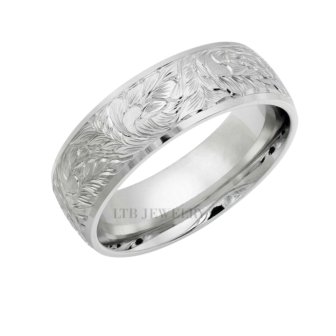 Hand engraved 10K 14K 18K white gold wedding band with leaf motifs and shiny finish, comfort fit, made in New York.