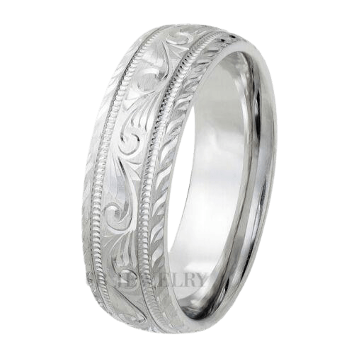 Hand engraved 10K 14K 18K solid white gold wedding band with leaf motifs and milgrain, comfort fitted, 7mm wide.