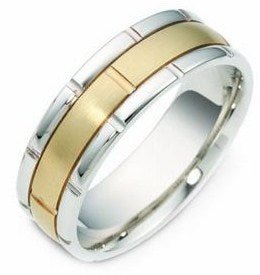 Handmade mens wedding band, 10K 14K 18K two-tone gold, 7mm wide, satin and shiny finishes, comfort fit, made in New York.