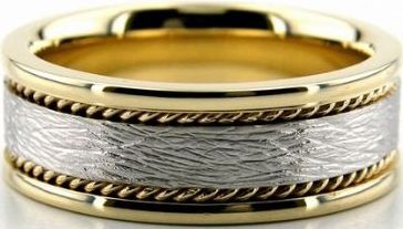 Handmade mens wedding band with braided edges and tree bark finish in 10K gold, featuring comfort fit design.