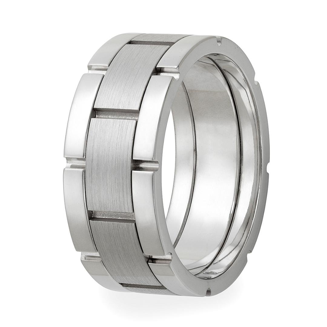 Handmade men's wedding ring in solid white gold with satin and shiny finishes, 8.5mm wide, comfort fit.