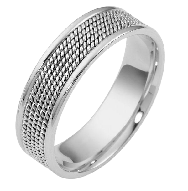 Elegant 7mm platinum wedding band with rope braid design and shiny finish, comfort-fitted, handcrafted in New York.