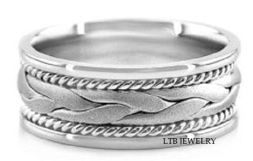 Handmade rope braided men's wedding band in solid white gold with satin finish and shiny edges, 8mm wide.