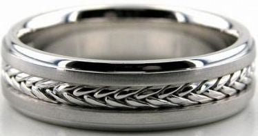 Elegant handmade rope braided mens wedding band in solid white gold, 6.5mm wide with shiny finish, comfort fitted.
