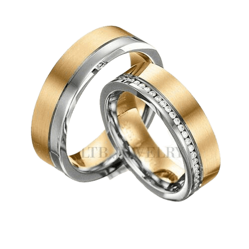 His and hers wedding rings in two-tone gold with diamonds, featuring shiny and satin finishes, comfort fit design.