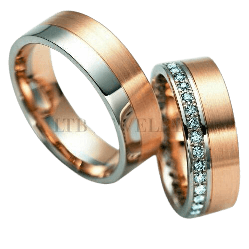 Elegant his and hers wedding bands in 10K two-tone gold, featuring diamonds and comfort fit design.