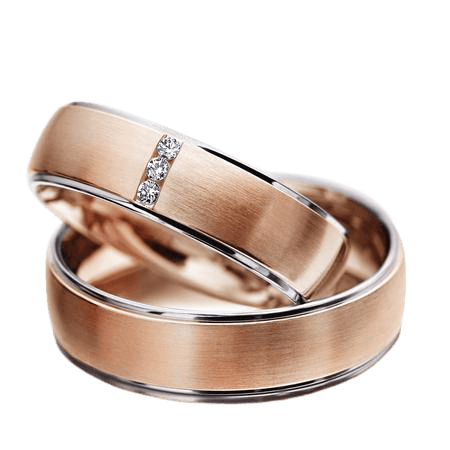 His and hers diamond wedding rings set in rose gold with satin finish and three round cut diamonds.