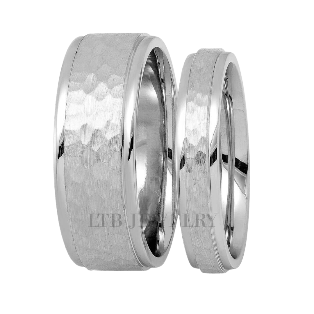 His and Hers Hammered Finish Platinum Wedding Bands, comfort fitted, showcasing stunning shiny edges.