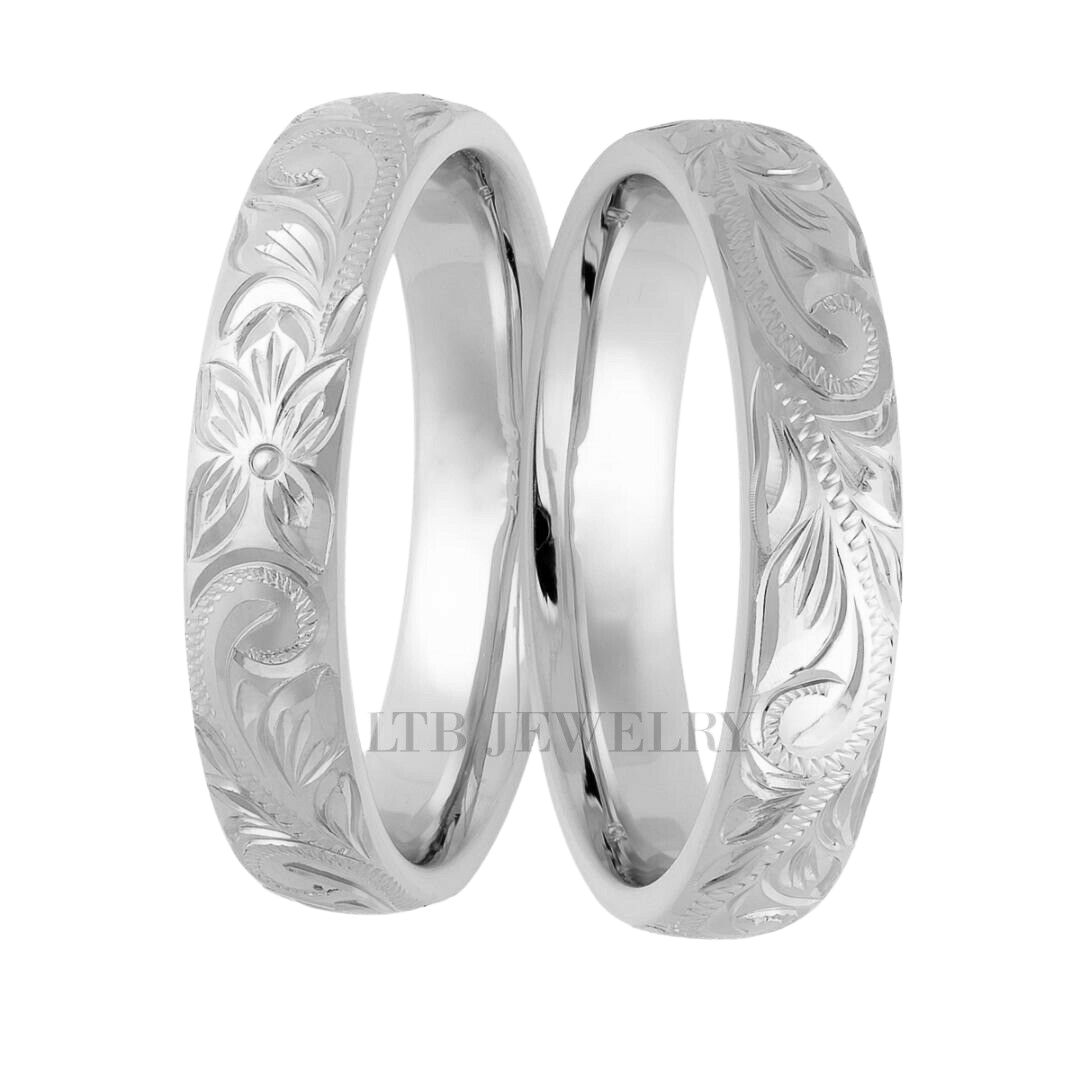 Hand engraved platinum his and hers wedding bands, 4mm wide, shiny finish, comfort fit, beautifully designed.