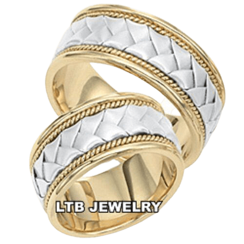 Two tone gold his and hers handmade braided wedding bands with satin and shiny finishes.
