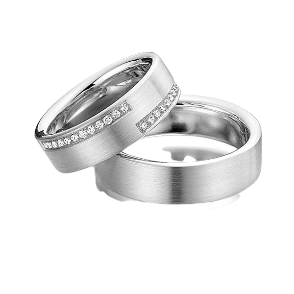 His and Hers platinum diamond wedding bands with satin finish, featuring round cut diamonds, comfort fit design.