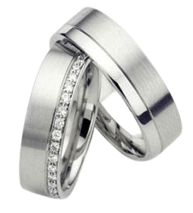 His and Hers platinum diamond wedding bands with satin and shiny finishes, featuring round brilliant cut diamonds.