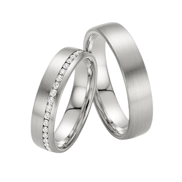 His and hers platinum diamond eternity wedding bands with satin finish and brilliant round cut diamonds.